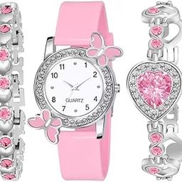 acnos Premium White Dial Diamond Pink Analog Watch Love Heart Diamond Bracelet for Girls Best Design Butterfly Combo 3 Pack of 3-picture-0
