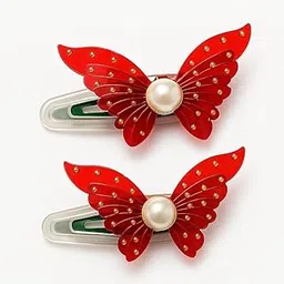 Elegant Butterfly Hair Clips with Pearl Center, Rhinestone Studded, Red and Blue Metallic Finish, 2 Pairs Set, Girls Hair Accessories-picture-11
