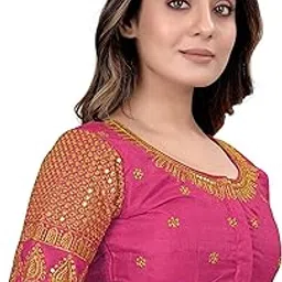 pujia mills Women's Art Silk Embroidery Blouse - Half Sleeve Readymade Saree Blouse With Sequence Work-picture-12