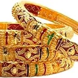 shineora Traditional Gold-Plated Bangles Set, Multicoloured Enamel Design, 4 Pieces-picture-14