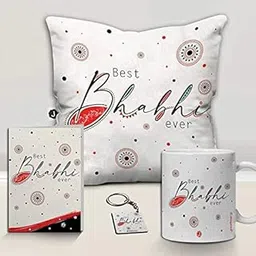 Jhingalala Gift for Bhabhi | Best Bhabhi Ever Printed Cushion with Filler, Coffee Mug, Key Chain, Greeting Card | Combo Gifts for Sister in Law, Bhabhi for Birthday, Raksha Bandhan-image-4