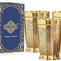 INDIAN ART VILLA Pure Brass Glass Tumbler with Embossed Design, for Drinking Serving Water, Yoga & Ayurveda, Volume-270 ML, Set of 4-picture-16