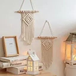 Waterlily House -02 Pcs Macrame Woven Wall Hanging Small Decor Boho Chic Bohemian Home Geometric Art Decor ,(Size - 20 X 33Cm). (Pattern - D), Off-White-Macrame,Wood,Cotton-image-6