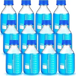 Irenare 12 Pieces Media Storage Bottles Borosilicate Storage Glass Scientific Round Graduated Media Bottle with Blue Gl45 Screw Cap for Lab Water Reagent Liquids (1000 ml)-picture-12