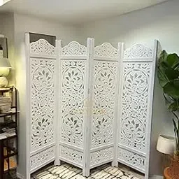 Elegant Folding Room Divider – Carved Wooden Partition Screen Separator Dividers for Home, Office & Studio Spaces Wall Panels for Living Room/Bedroom/Office/Restaurant/Corner 4 Panels (White)-picture-33
