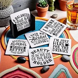 Wooden Coasters Set of 6 with Holder | Funny Alcohol Quote Coasters for Bar, Party & Home | Beer, Whiskey, Wine Drink Mats | Made in India | Quirky Gifting for Friends & House Parties-picture-31