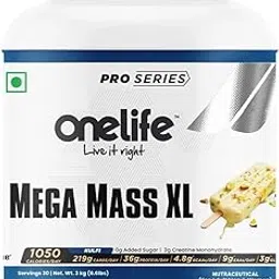 Onelife Mega Mass Gainer XL | 1050 Calories/day, 219 Carbs/day, 36g/day Protein, Vitamins & Minerals I For Lean Mass & Muscle Gain I No Added Sugar, Powered with Digezyme I Kulfi Flavour 3kg-picture-41