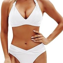 yonique Women Two Piece Bathing Suits Push Up Bikini Set Halter Swimsuit Vintage Swimwear, White, S-picture-13
