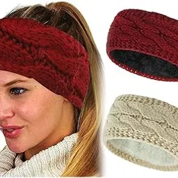catery Winter Warm Headbands Cable Knit Ear Warmer Head Wrap Fuzzy Fleece Lined Thick Hair Band for Women and Girls (A-Set-1)-picture-24