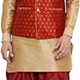 vastramay Men's Maroon Cotton Silk Blend Ethnic Jacket, Kurta and Dhoti Pant Set-picture-19