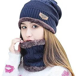 Winter Woollen Cap & Neck Warmer (Scarf) Set for Women | Inside Fur Wool Beanie Cap with Neck Warmer/Muffler | Warm Hat| Air Proof Cap | Knit Hat with Thick Fleece-image-88