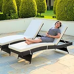 Set of 2 Outdoor Patio Recliner Lounger Chair 5 Position Adjustable Backrest with All Weather Wicker Waterproof Cushion Sun Lounger for Poolside, Garden Balcony (Dark Brown & Off-White)-image-32