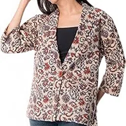 panchakanya Handmade Traditional Cotton Hand Block Pattern 3/4 Sleeve Average Length Coat Stylish Casual Formal Wear For Women's Girls & Ladies, (Off White)-picture-37