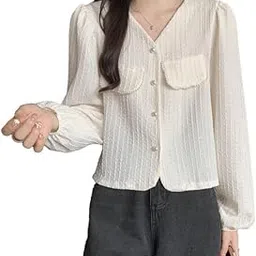 icw Women French Retro Style Button Down Lace V-Neck Long-Sleeve Crop Top Shirt for Girls DN86-picture-44