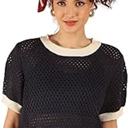 Women's Acrylic Dark Blue Open-Knit Short Sleeve Sweater-image-40