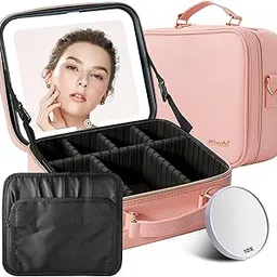 Mocado Travel Makeup Bag with LED Lighted Mirror, Travel Makeup Organizer, Makeup Case with 3 Color Lighted Setting and 10x Magnifying Mirror, Portable Storage and Adjustable Dividers Makeup Box, PINK image 1