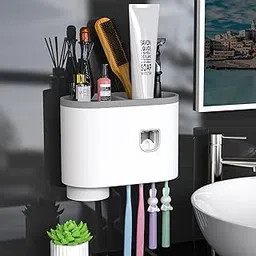 Bathroom Toothbrush Holder Wall Mounted, Hanging Toothbrush Holder Storage Rack and Automatic Toothpaste Dispenser Kit with Magnetic Cups and 4 Toothbrush Slots to Save Bathroom Space (Grey, 1 Cup)-image-90