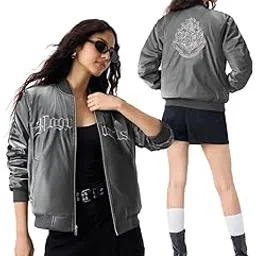 Harry Potter: School Sigil Women and Girls Full Sleeves Round Neck Dark Grey Embroidered Graphic Polyester Regular Fit Lightweight Casual Bomber Jacket-image-34