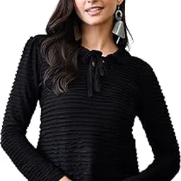 iuga Women’s Black Long Sleeve Top with Tie-Up Neck | Stylish Casual Blouse-picture-21