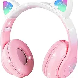 Bluetooth Cat Ear Headphones, Foldable Ear LED Light Child Wireless Headphones with Microphone and LED Light for Child, Compatible with Mobile Phones PC Tablet (Pink)-image-0