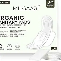 Milgaari Organic Biodegradable 20XXL Sanitary Pads | Ultra Thin Dual Wings 100% Pure Cotton | High Absorption | Heavy Flow Sanitary Pads | 100% Rash-Free sanitary napkins | 7 Layers Protection | Non Toxic , Locks Odour, Ultra Leak-Proof Protection | Pack of 20 image 1