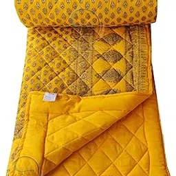 LushHavenDecor Jaipuri Razai Double Bed Gold Print with Computerized Quilting Use as Soft and Breathable Cotton Comforter Quilt Rajai Blanket Dohar Size 85X100 inch Yellow Pack of 1-image-21