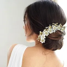 Hair Flare Artificial Flower with Pearl & Stone Hair Vein| Hair Clip | Hair Accessories | Judabun | Judapin for Women & Girls - 2355, Gold & Silver, Pack of 1-picture-39