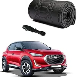 Car Steering Wheel Cover with Needle Thread Leather Sleeve Anti-Slip Breathable Full Black Color Suitable for Nissan Magnite-picture-17