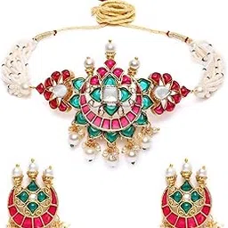 Pink & Green Meenakari Multistrand Pearls Choker Necklace & Earring Set For Women-ZPFK10242-image-67