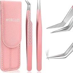 MORGLES Lash Extension Tweezers, Fiber Tip Tweezers for Eyelash Extensions for Volume Lashes with Bag, Stainless Steel image 1