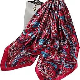 quecy Women Printed Silk Scarf | Square Scarf for Women | Red - 90 * 90cm-picture-11