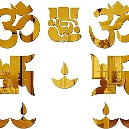 Decorcreed Ganesha with Om Swastika Diyas mandir sticker, pooja mandir stickers, stickers for mandir, sticker for mandir, om wall decor, om, subh labh for door entrance, shubh labh (Golden,Pack of 10)-image-1