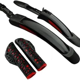 Shrenik Bicycle Mudguard || Handle Grip Compatible 26, 27.5, 29 Inch Cycle Flying Fender Reflective Tape Front Back Set || Handlebar Grip Soft Rubber Non Toxic 12.5cm || Color Black-Red-image-0
