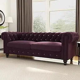 Traditional Velvet 3 Seater Chesterfield Styled Sofa with Tufted Paddings Sofa for livingroom Bedroom Office (BlackBerry)-picture-18