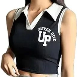 Trendy Womens Crop Top Colorblock Polo Neck | Sleeveless Stylish Casual Top for Girls | Trendy Summer Wear, Party, Travel, College, Everyday Wear-picture-11