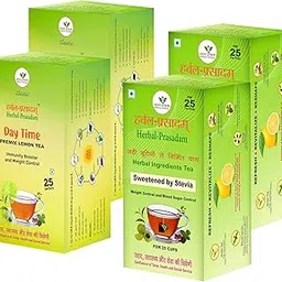 Herbal Prasadam Green, Wraps Tea (2 Sweetened By Stevia + 2 Premix Lemon) Pack Of 4 For 100 Cups, 600 Grams-picture-58