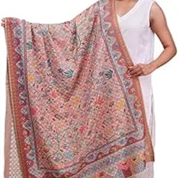 swi with label Women's Peach Kalamkari Printed and Embroidered Wool Shawl_5567_Peach-picture-30