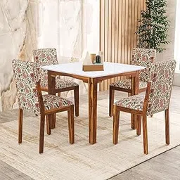 Sofani Crescent Sheesham Wood Dining Table with Black Texure Top | Dining Table Set | Wooden Dining Table Set | 4 Seater Dining Table Set | Natural, White Finish with Printed Cushion-picture-36