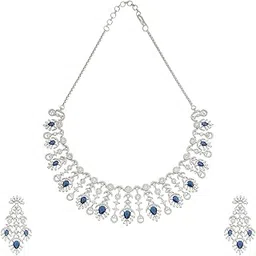kushal's Fashion Jewellery Sapphire Rodium Polished Zircon Necklace Set With Adjustable Chain & Push Back Earrings| Best For Bride, Bridemaids & Special Occasion | Necklace set For Women - 424566-picture-13