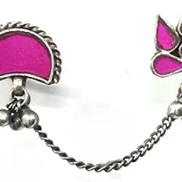 dulcett India Oxidised Silver Glass Navratri Garba Afghani Boho Gypsy Mirror Adjustable Big Finger Ring for Women | Two Finger Ring with Pink Mirror for Women and Girls-picture-28