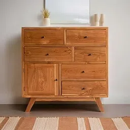 Mid-Century Modern Wooden Storage Cabinet – 6 Drawers and 1 Door, Solid Pine Wood, Natural Finish – Stylish Organizer for Living Room or Bedroom-image-0