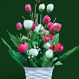 BAARIG Artificial Flower Arrangement with Roses in Decorative Wave Pattern Ceramic Pot, Mixed Floral Bouquet for Home Decor (Pink-White)-picture-27