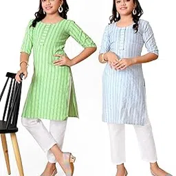 Girls' Printed Green and Blue Color Sequence Work, Cotton Kurti Kurta with 3/4 Sleeves-image-5