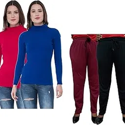 indiweaves Women Winter Wear Combo Pack- Full Sleeves High Neck/Skivvy and Fleece Warm Lower/Track Pants Pack of 4-picture-41
