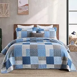 Finlonte Quilt Bedspread Sets - Cotton Grey Blue Navy Plaid Patchwork Quilted Coverlet ,3 Pieces Reversible Lightweight Bed Decor for All Season, King Size-picture-22
