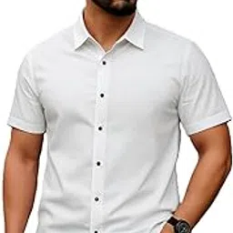 Men's Short Sleeve Button Down Shirt, Slim Fit, Black and White, Casual Dress Style-picture-55