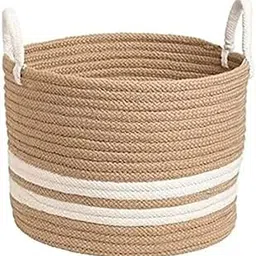 RUGSZONE Jute & Cotton Big Size Basket for Storage, Clothes, Kitchen (1 Piece with Handle, Beige-White, 35x30 cm) - Round Woven Handcrafted Basket for Toys, Wardrobe, Plants (Large 35x30)-image-0