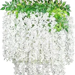GPARK (36 Branches 12 Pack /45 inch /3.7ft Wisteria Hanging Artificial Flowers Fake Bushy Silk Vine Garland String for Wedding Party Garden Greenery Home Wall Deco White-picture-13