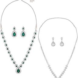 zaveri pearls Set of 2 Green White Austrian Diamonds Embellished Necklace & Earring Sets For Women-ZPFK18399-picture-5