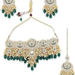 zaveri pearls Green Meenakari Bridal Choker Necklace Earring & Maangtikka Set For Women-ZPFK10497-picture-29